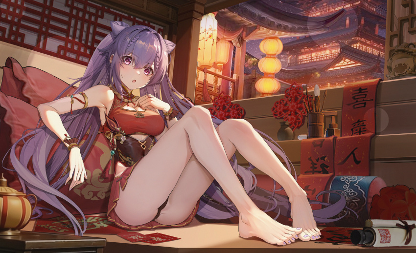 1girl absurdres architecture bare_shoulders black_panties breasts chinese_clothes cleavage cone_hair_bun covered_navel double_bun dress east_asian_architecture feet genshin_impact hair_between_eyes hair_bun hair_ears highres indoors keqing_(genshin_impact) knees_up long_hair looking_at_viewer mantoukaya medium_breasts open_mouth panties pantyhose pink_nails purple_eyes purple_hair red_dress sitting solo sweatdrop tassel thighband_pantyhose thighs toes twintails underwear vase very_long_hair window