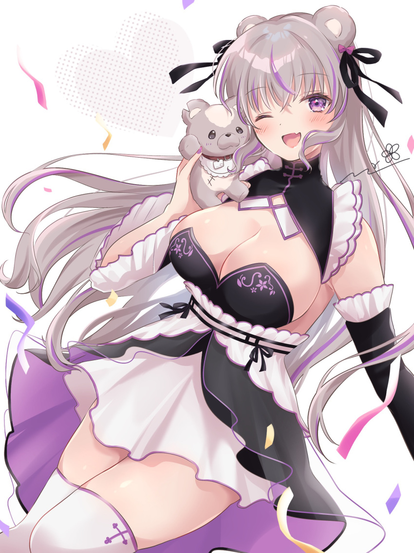 1girl ;d animal_ears bare_shoulders bear_ears black_dress black_ribbon black_sleeves breasts commission confetti detached_sleeves dress fang grey_hair hair_ribbon highres indie_virtual_youtuber large_breasts long_hair looking_at_viewer minami_tette miniskirt momon_mc multicolored_hair one_eye_closed purple_eyes purple_hair purple_nails ribbon shrug_(clothing) skeb_commission skin_fang skirt smile solo strapless strapless_dress streaked_hair thighhighs very_long_hair virtual_youtuber white_background white_skirt white_thighhighs zettai_ryouiki