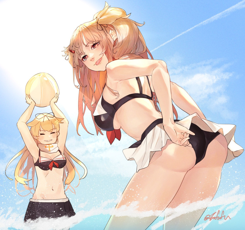 2girls ass back beach day fuwafuwatoufu highres looking_at_viewer multiple_girls murasame_(kancolle) official_alternate_costume sand siblings sisters water yuudachi_(kancolle) yuudachi_kai_ni_(kancolle)