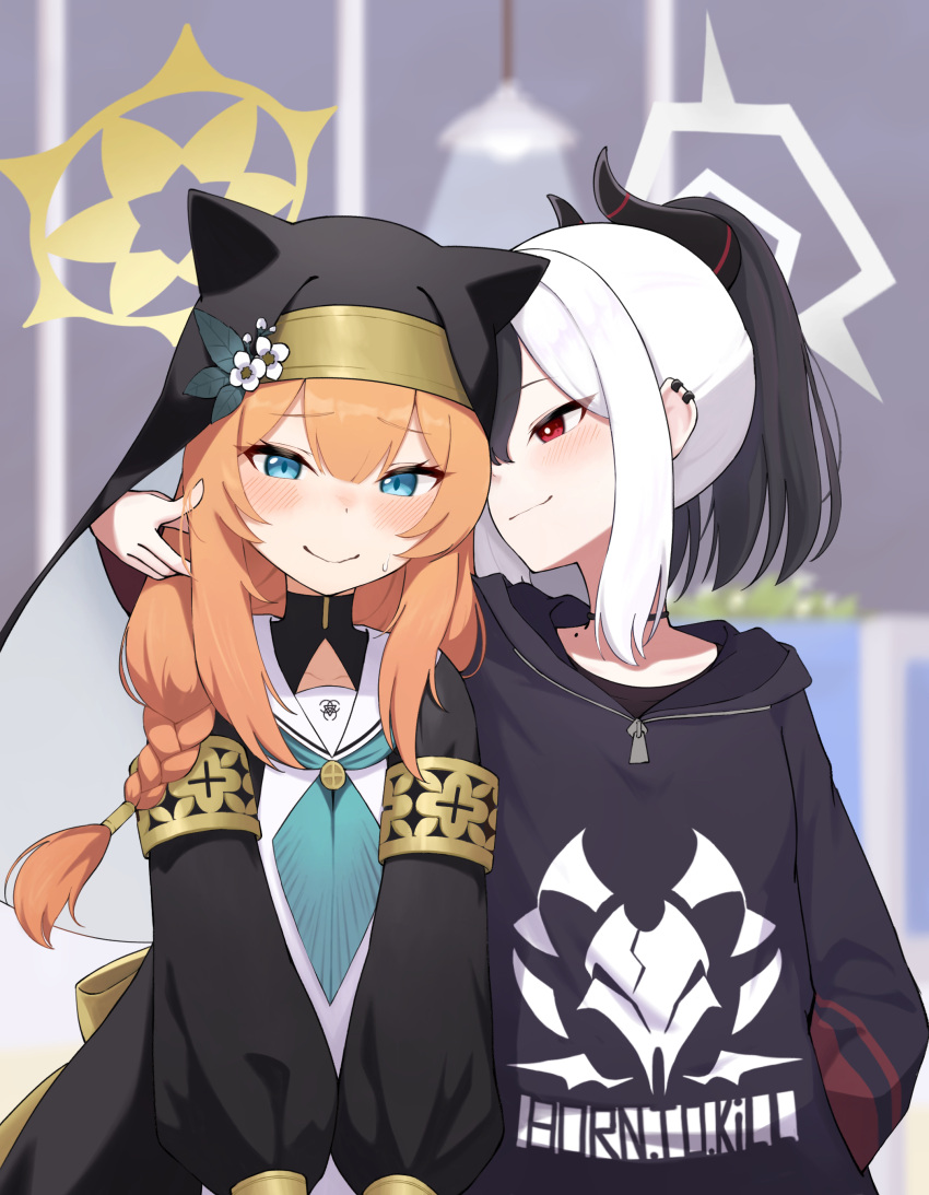 2girls absurdres animal_ear_headwear animal_ears arm_around_neck black_choker black_hair black_hoodie black_shirt blue_archive blue_eyes blush braid brown_hair cat_ears ceiling_light choker closed_mouth commentary_request earclip habit halo hand_in_another's_hair highres hood hoodie indoors kayoko_(blue_archive) long_hair long_sleeves looking_at_another mari_(blue_archive) mole mole_on_neck multicolored_hair multiple_girls nun ponytail red_eyes shiroiurushi shirt sidelocks single_braid sweatdrop two-tone_hair upper_body white_background yuri