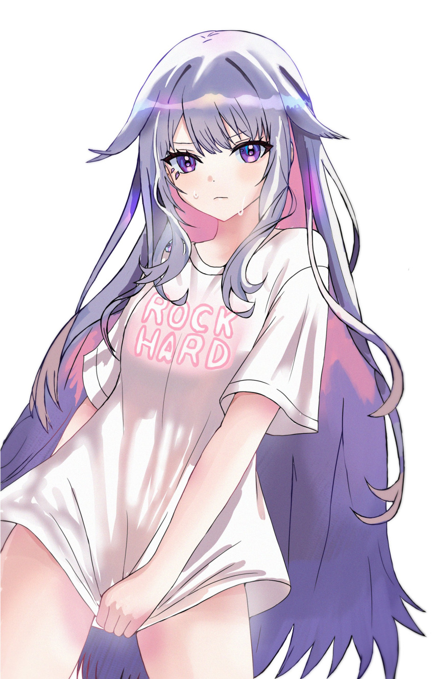 1girl absurdres breasts closed_mouth clothes_writing colored_inner_hair eyelashes grey_hair highres hololive hololive_english jewel_under_eye koseki_bijou long_hair multicolored_hair napat0712 no_pants pink_hair purple_hair shirt small_breasts solo sweat virtual_youtuber white_shirt