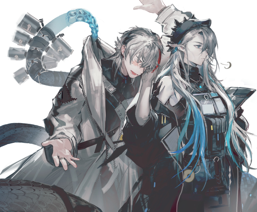 1boy 1girl absurdres aqua_eyes aqua_hair arknights elysium_(arknights) grey_hair hair_over_one_eye highres looking_at_viewer mantra_(arknights) multicolored_hair old old_woman skolly snake_girl two-tone_hair