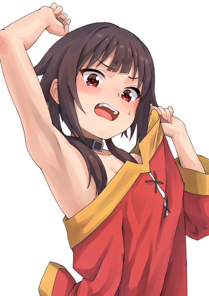 1girl arm_up armpits bare_shoulders belt_collar black_hair blush breasts cleavage clothes_pull collar dress dress_pull highres kono_subarashii_sekai_ni_shukufuku_wo! looking_at_viewer megumin open_mouth red_dress red_eyes simple_background solo strapless strapless_dress syagare upper_body white_background