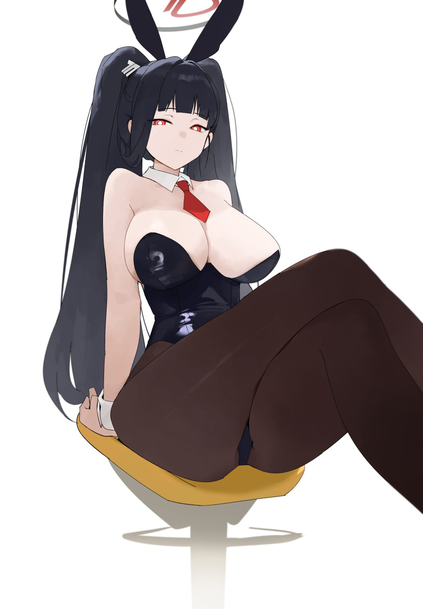 1girl absurdres alternate_costume alternate_hairstyle animal_ears bare_arms bare_shoulders black_hair black_leotard black_pantyhose blue_archive blunt_bangs breasts bright_pupils cleavage closed_mouth crossed_legs detached_collar dokshuri fake_animal_ears feet_out_of_frame hair_ornament hairclip halo highres large_breasts leotard long_hair looking_at_viewer necktie pantyhose rabbit_ears red_eyes red_necktie rio_(blue_archive) short_necktie simple_background sitting solo stool strapless strapless_leotard twintails very_long_hair white_background white_pupils wrist_cuffs