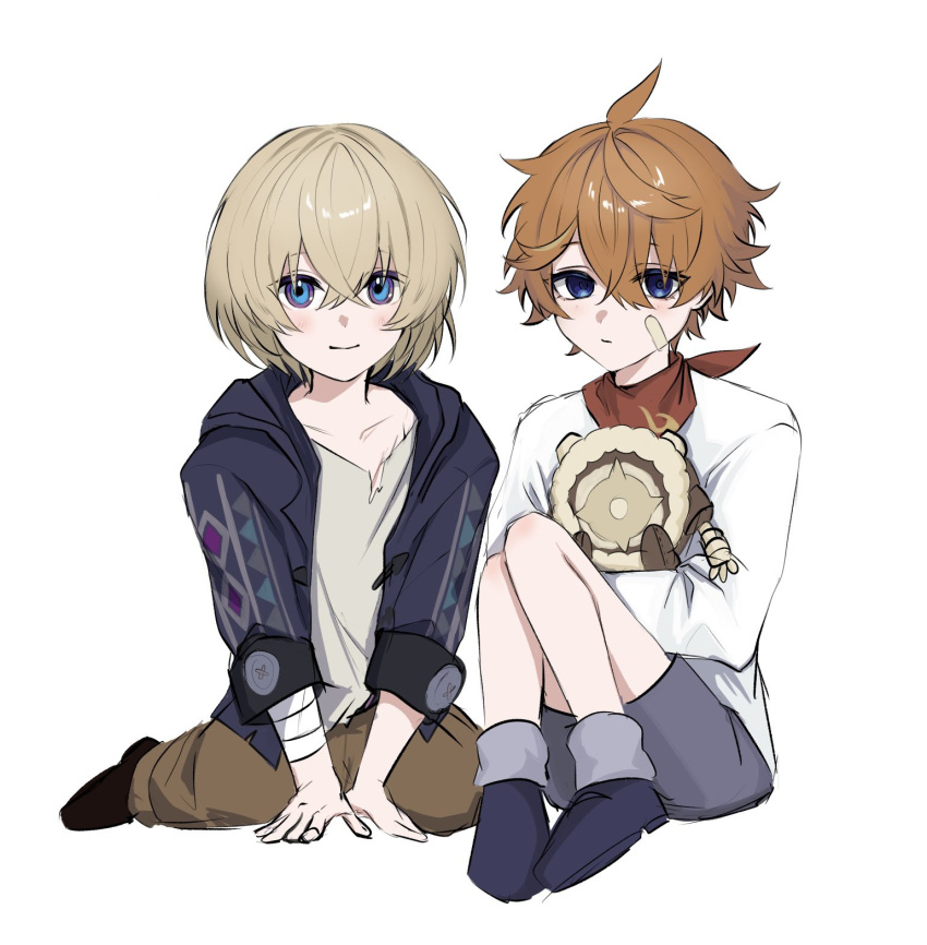 2boys aged_down aventurine_(honkai:_star_rail) bandaged_arm bandages bandaid bandaid_on_face blonde_hair blue_eyes closed_mouth genshin_impact hair_between_eyes highres honkai:_star_rail honkai_(series) hood hoodie long_sleeves male_focus mihoyo multicolored_eyes multiple_boys orange_hair shirt short_hair shorts tartaglia_(genshin_impact) torn_clothes torn_shirt two-tone_eyes white_background white_shirt yugonm222