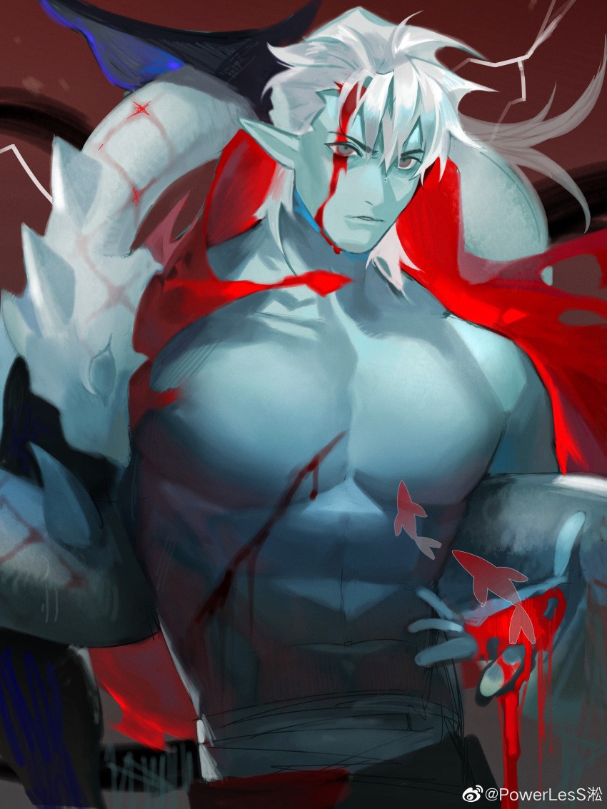 1boy abs absurdres bara blood blood_on_face blood_on_hands blue_skin check_copyright colored_skin copyright_request cowboy_shot expressionless highres large_pectorals looking_at_viewer male_focus medium_hair monster_boy muscular muscular_male original pectorals pointy_ears powerlesssong sanpaku solo spikes standing thick_eyebrows topless_male white_hair