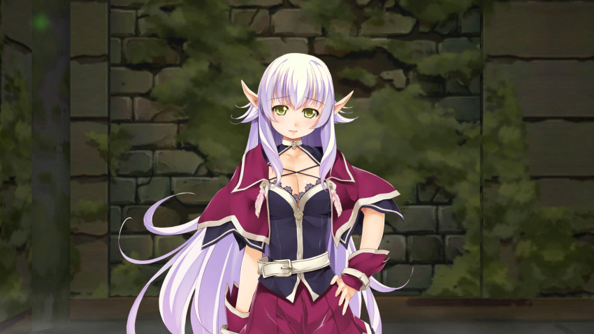 1girl atelier-moo belt breasts cleavage cloak closed_mouth cowboy_shot dark_elf detached_sleeves dungeon elf hair_between_eyes hand_on_own_hip highres large_breasts long_hair long_pointy_ears looking_at_viewer looking_down miniskirt narrow_waist pointy_ears purple_cloak purple_hair sad silvia_milsteen skirt solo standing very_long_hair wizards_symphony yellow_eyes