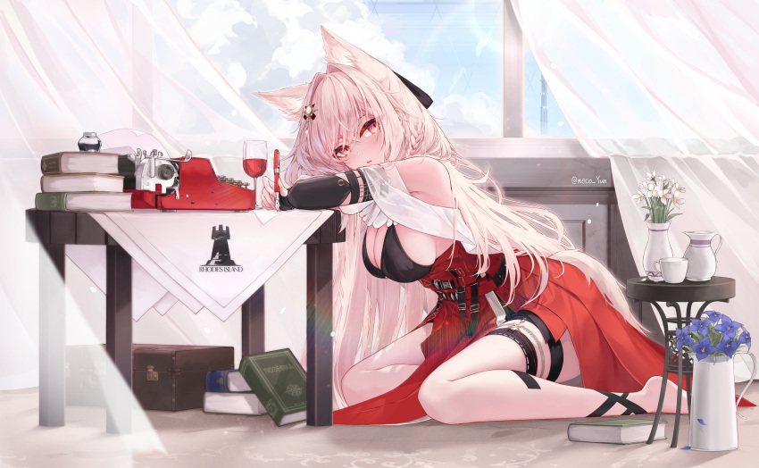 1girl absurdres animal_ear_fluff animal_ears arknights bare_shoulders barefoot black_bra blue_sky book book_stack bra breasts cleavage cloud cloudy_sky commentary_request cup drinking_glass flower flower_pot head_rest high-waist_skirt highres indoors large_breasts long_hair looking_at_viewer pink_eyes pink_hair pozyomka_(arknights) purple_flower red_skirt revision rhodes_island_logo_(arknights) shawl sideboob sitting skirt sky solo table thigh_strap thighs typewriter underwear wariza white_flower white_shawl wolf_ears wolf_girl yeosi