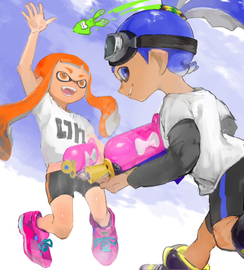 1boy 1girl 1other :d arm_up bike_shorts black_shorts blue_eyes blue_hair blue_sky blunt_bangs crop_top fangs from_behind full_body goggles goggles_on_head grin hair_tie highres holding holding_weapon inkling inkling_boy inkling_girl inkling_player_character kamikaihi_game layered_shirt long_hair looking_back midair midriff_peek open_mouth orange_eyes orange_hair pink_footwear pointy_ears ponytail print_shirt purple_footwear running shirt shoes short_sleeves shorts sky smile sneakers splatoon_(series) splatoon_1 splattershot_(splatoon) squid tentacle_hair twintails waving weapon white_shirt