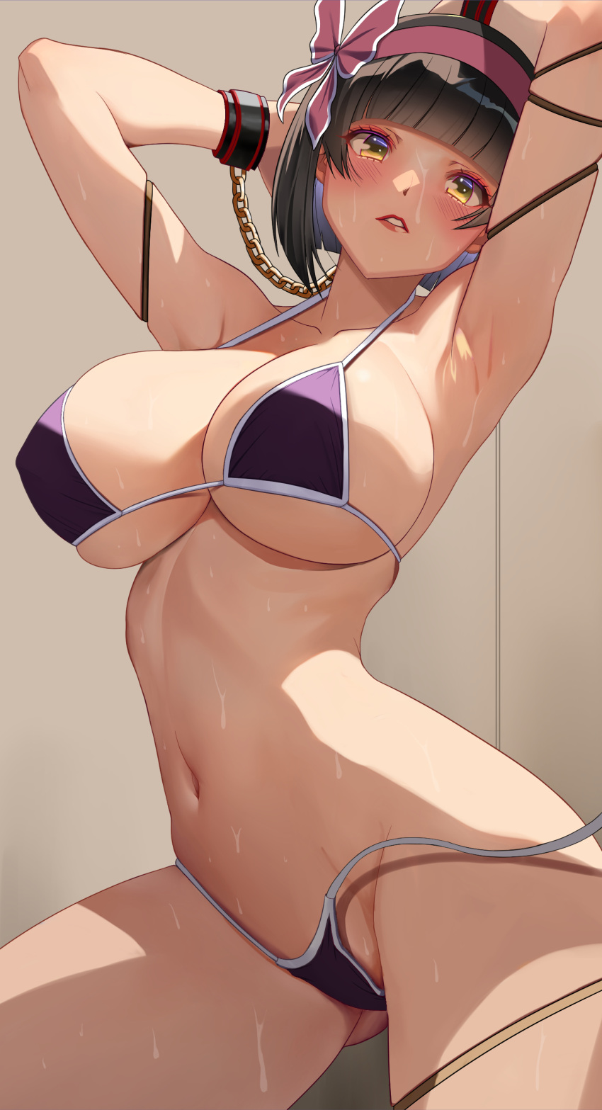 1girl absurdres akihiro0920 armpits arms_up bikini black_hair blunt_bangs bracer breasts brown_eyes chain commentary_request covered_nipples hair_ribbon hairband highres large_breasts lips micro_bikini mio_(tsuki_ga_michibiku_isekai_douchuu) navel parted_lips purple_bikini ribbon short_hair solo standing sweat swimsuit teeth thighs tsuki_ga_michibiku_isekai_douchuu underboob