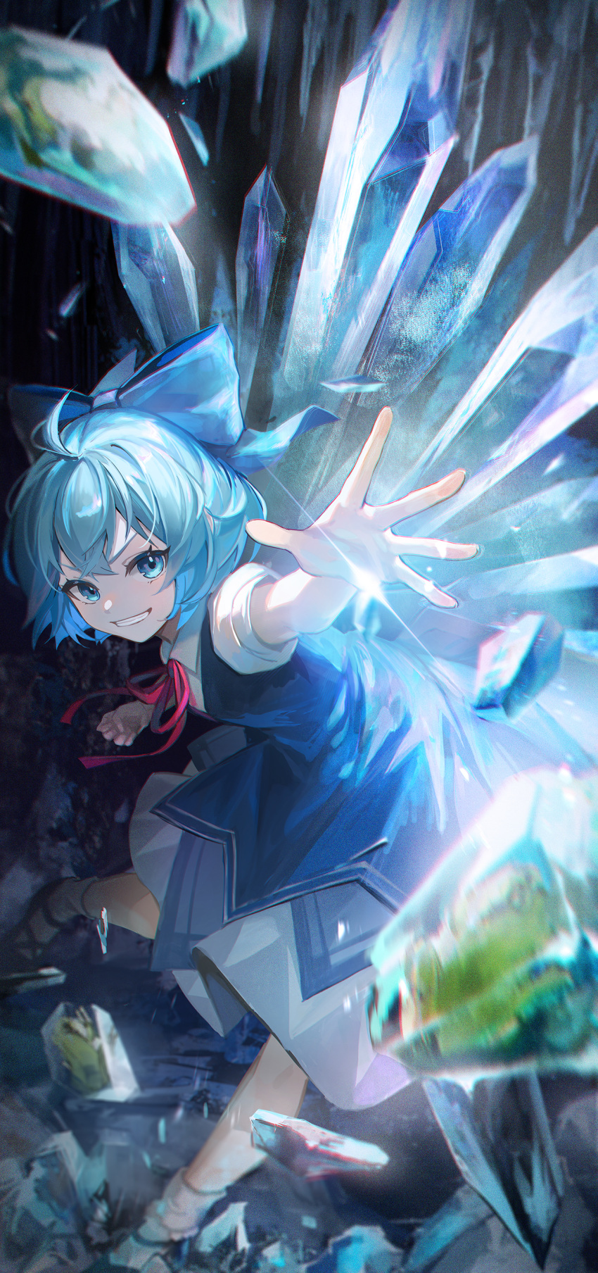 1girl absurdres animal blue_bow blue_dress blue_eyes blue_hair bow cirno collared_shirt dress fairy frog frozen_frog grin hair_bow highres ice ice_wings kyusoukyu shirt short_hair short_sleeves smile solo touhou white_shirt wings