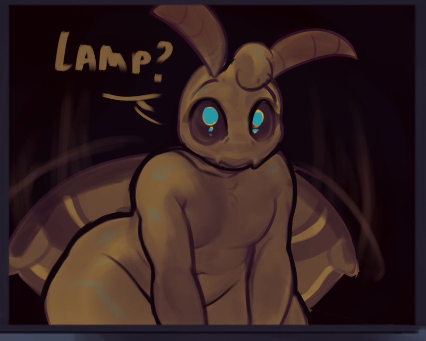absurd_res antennae_(anatomy) anthro arthropod back_wings black_background diadorin dialogue english_text fur hi_res insect insect_wings lepidopteran male moth simple_background slightly_chubby slightly_chubby_anthro slightly_chubby_male solo speech_bubble text thick_thighs wide_eyed wide_hips wings yellow_body yellow_fur