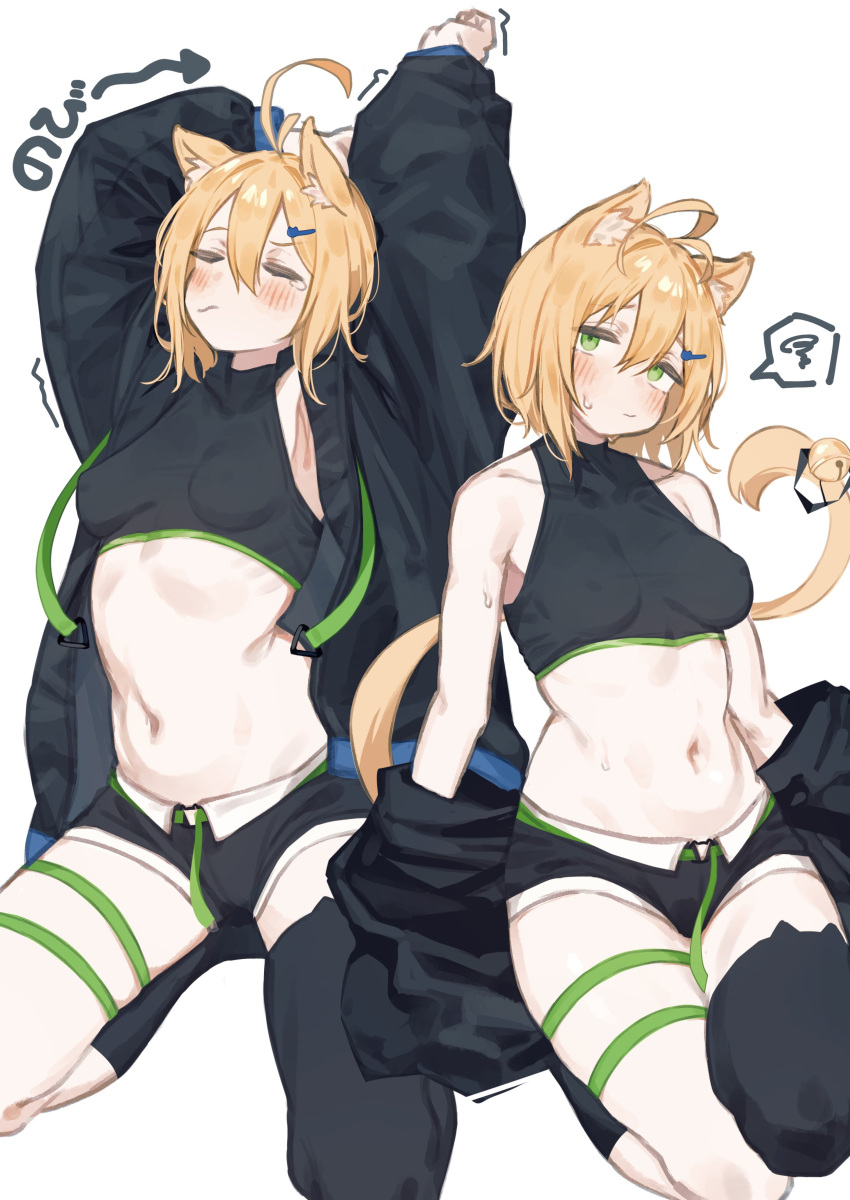 1girl :/ absurdres animal_ear_legwear animal_ears antenna_hair arms_up asymmetrical_legwear bare_shoulders bell black_hoodie black_shorts black_socks black_thighhighs blonde_hair blush breasts cat_ear_legwear cat_ears cat_tail clothes_down commentary_request commission crop_top green_eyes hair_between_eyes highres hood hoodie jingle_bell looking_at_viewer medium_breasts micro_shorts midorino_(green-happy) midriff multiple_views navel open_clothes open_hoodie original short_hair shorts simple_background single_sock single_thighhigh skeb_commission socks spoken_squiggle squiggle stomach stretching sweatdrop tail tail_bell tail_ornament thigh_strap thighhighs turtleneck uneven_legwear vroid white_background