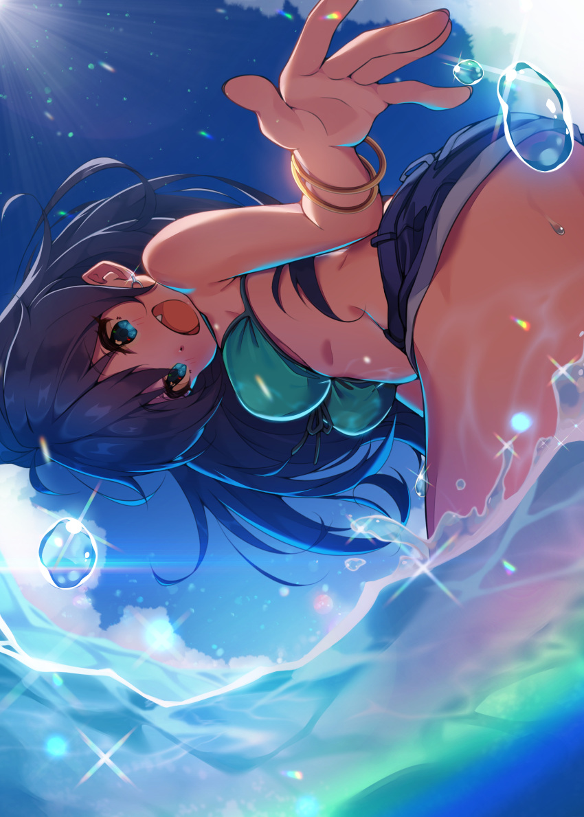 1girl :d absurdres aqua_bikini bangle bikini bikini_top_only black_hair blue_eyes blue_sky bracelet breasts dark-skinned_female dark_skin denim denim_shorts fang from_below front-tie_bikini_top front-tie_top ganaha_hibiki highres idolmaster idolmaster_(classic) jewelry kyou_(kyo_u) long_hair looking_at_viewer medium_breasts short_shorts shorts sky smile solo swimsuit wading water