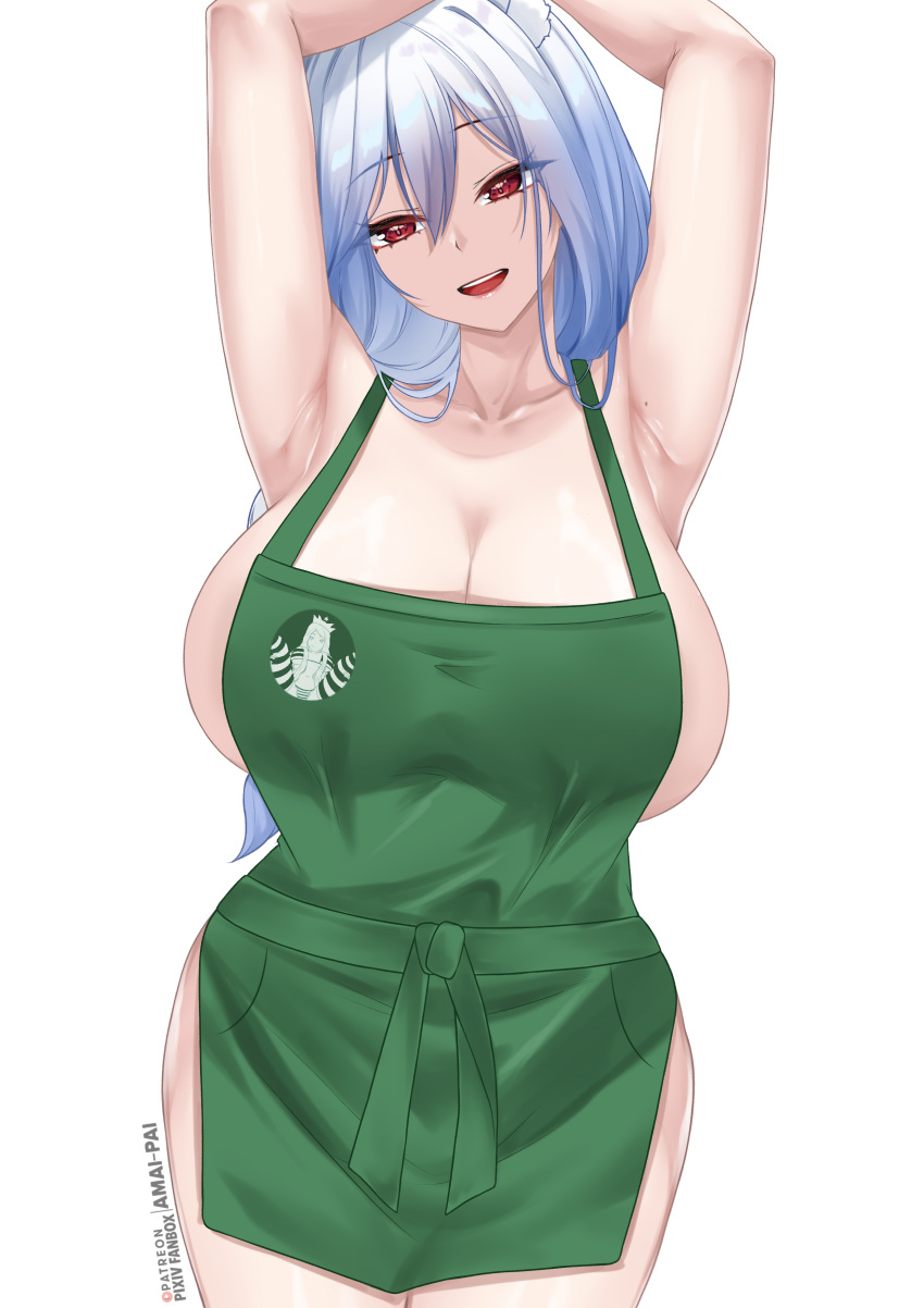 1girl absurdres amai-pai apron armpits arms_up artist_name blue_hair blush breasts cleavage collarbone cowboy_shot fanbox_username green_apron hair_between_eyes head_tilt highres hololive huge_breasts looking_at_viewer mole mole_on_armpit naked_apron patreon_username pekomama presenting_armpit red_eyes sideboob simple_background smile solo virtual_youtuber white_background