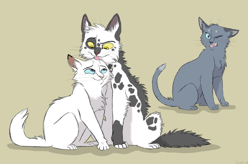 2010 ambiguous_gender black_spots blue_body blue_eyes blue_fur bluestar_(warriors) canon_couple cel_shading digital_drawing_(artwork) digital_media_(artwork) disgust domestic_cat eye_contact felid feline felis female_(lore) feral fluffy fur graystripe64 group head_lick hi_res looking_at_another male_(lore) mammal markings one_eye_closed paws quadruped shaded shadow sibling_(lore) simple_background sister_(lore) sisters_(lore) sitting snowfur_(warriors) spots spotted_body spotted_fur tail thistleclaw_(warriors) trio warriors_(book_series) white_body white_fur yellow_eyes