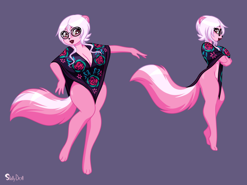 anthro breasts clothing diana_rayablanca eyewear female glasses hair hi_res lipstick makeup mammal mephitid pink_body poncho skelly_doll skunk solo stripes white_hair