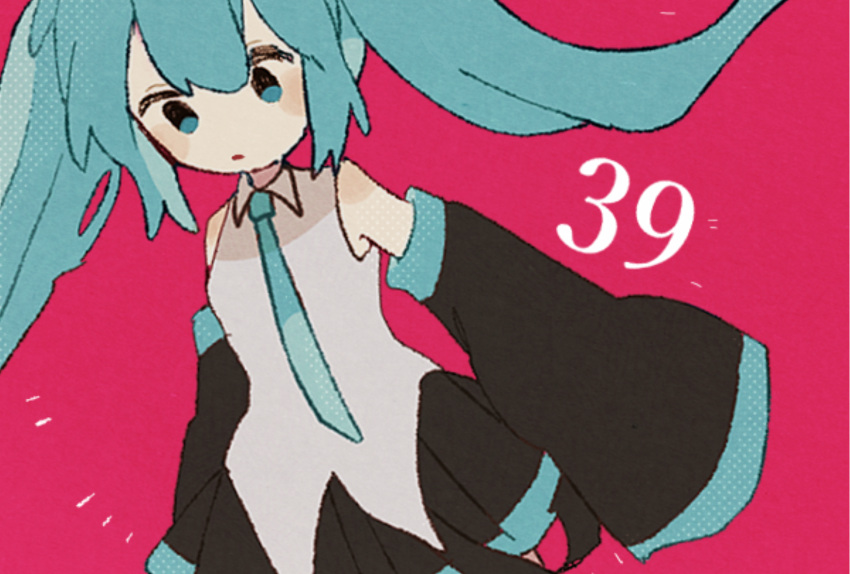 1girl 39 blue_eyes blue_hair blush_stickers cat collared_shirt detached_sleeves expressionless hatsune_miku highres long_hair necktie pink_background ponponzutea shirt sleeveless sleeveless_shirt sleeves_past_fingers sleeves_past_wrists solo twintails vocaloid