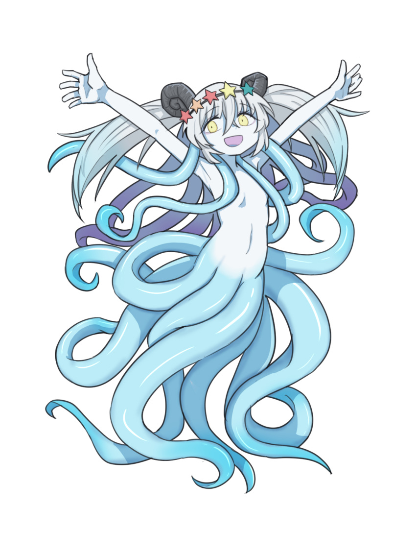 1girl arms_up black_souls completely_nude hair_ornament hairband highres horns kuti_(black_souls) monster_girl nautilus_(animal) nude open_mouth rabbit_king scylla simple_background smile solo star_(symbol) star_hair_ornament tentacle_hair tentacles twintails white_background white_hair yellow_eyes