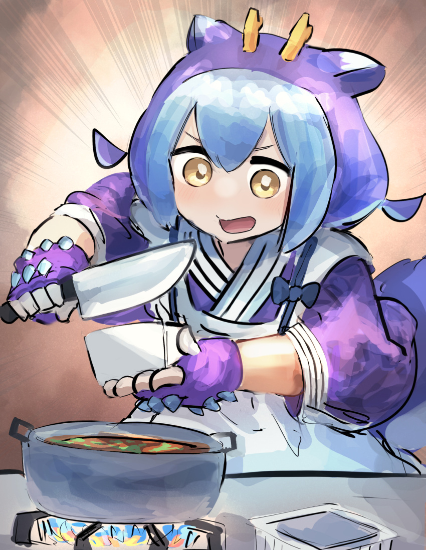 1girl apron blue_hair cooking dragon_girl dragon_horns dragon_tail duel_monster food gloves hatano_kiyoshi highres holding holding_food holding_knife horns knife laundry_dragonmaid looking_at_food maid medium_hair smile solo stew stove tail tofu wa_maid yellow_eyes yu-gi-oh!