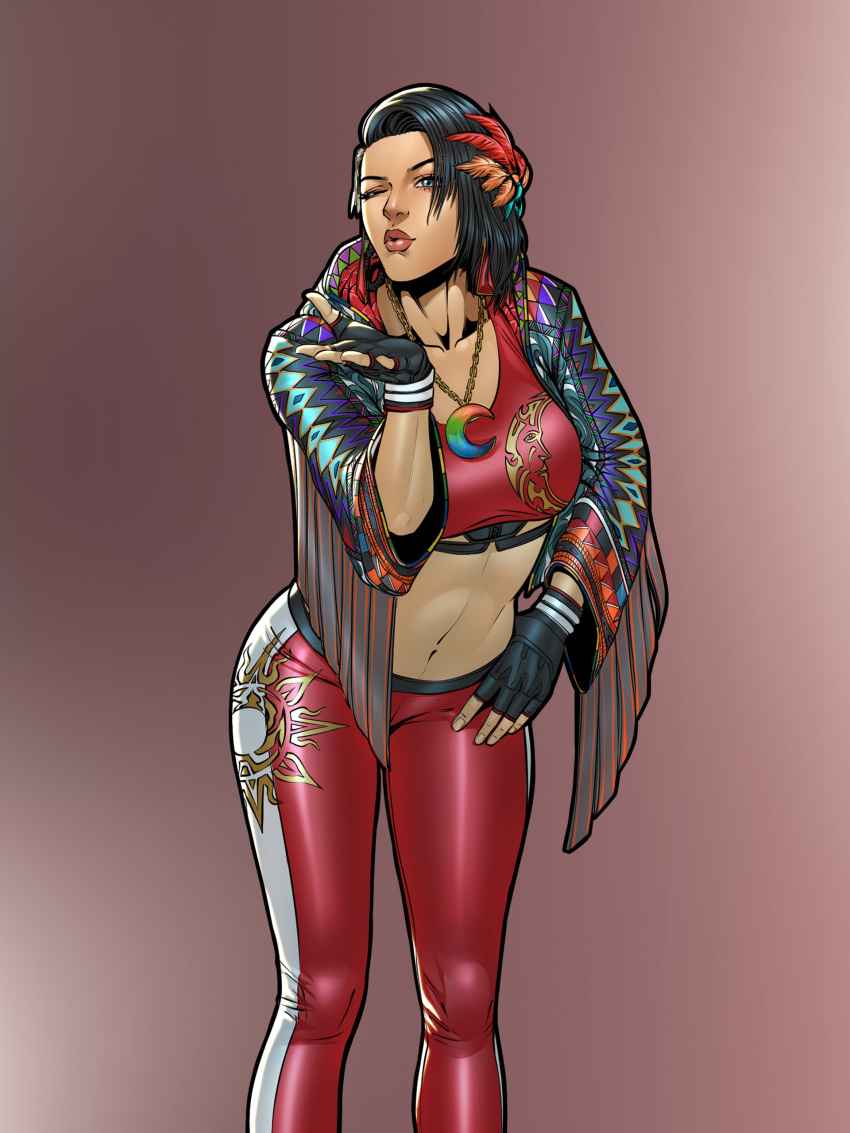 1girl absurdres azucena_milagros_ortiz_castillo black_gloves blowing_kiss crop_top cropped_jacket fingerless_gloves flower gloves hair_flower hair_ornament highres invictarex jacket kiss navel pants red_pants simple_background solo stomach tekken tekken_8 upper_body