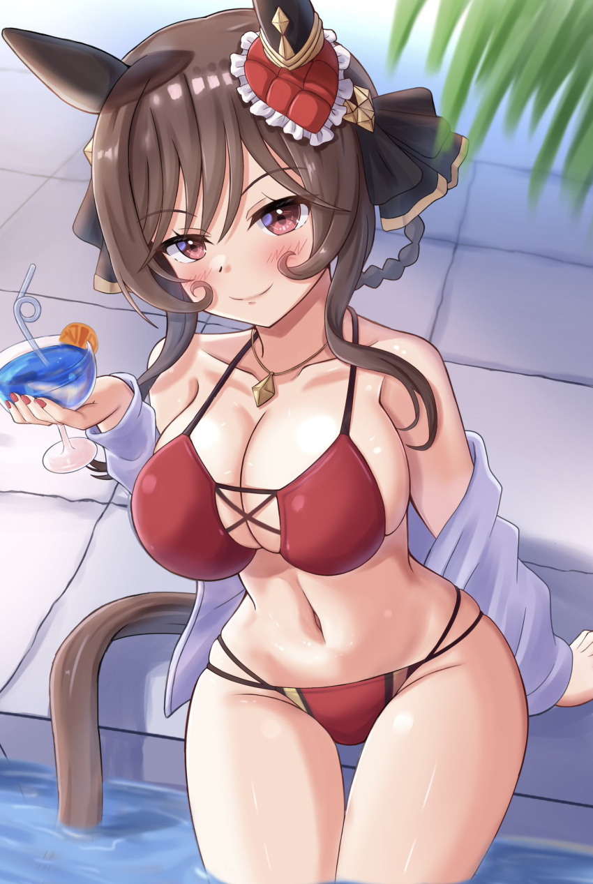 1girl alternate_costume animal_ears bikini blush breasts brown_hair cleavage closed_mouth commentary_request cowboy_shot cup ear_covers ear_ornament gentildonna_(umamusume) hair_between_eyes highres holding holding_cup horse_ears horse_girl horse_tail jacket jacket_partially_removed jewelry large_breasts long_sleeves navel necklace outdoors partially_submerged pool red_bikini red_eyes rio_(lio_yuzu) smile solo swimsuit tail umamusume water