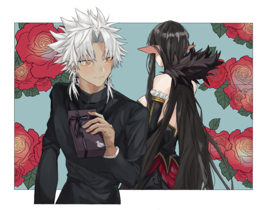 1boy 1girl absurdly_long_hair amakusa_shirou_(fate) back bangs bare_shoulders black_dress black_hair blush box brown_eyes closed_mouth commentary_request cross cross_necklace dark-skinned_male dark_skin detached_sleeves dress earrings fate/apocrypha fate/grand_order fate_(series) floral_background flower frilled_sleeves frills fur_collar fur_trim gift gift_box holding holding_gift jewelry light_smile long_dress long_hair long_sleeves looking_at_another mutsu_(621300) necklace parted_bangs pointy_ears priest red_flower semiramis_(fate) short_hair smile spiked_hair upper_body very_long_hair white_hair yellow_eyes