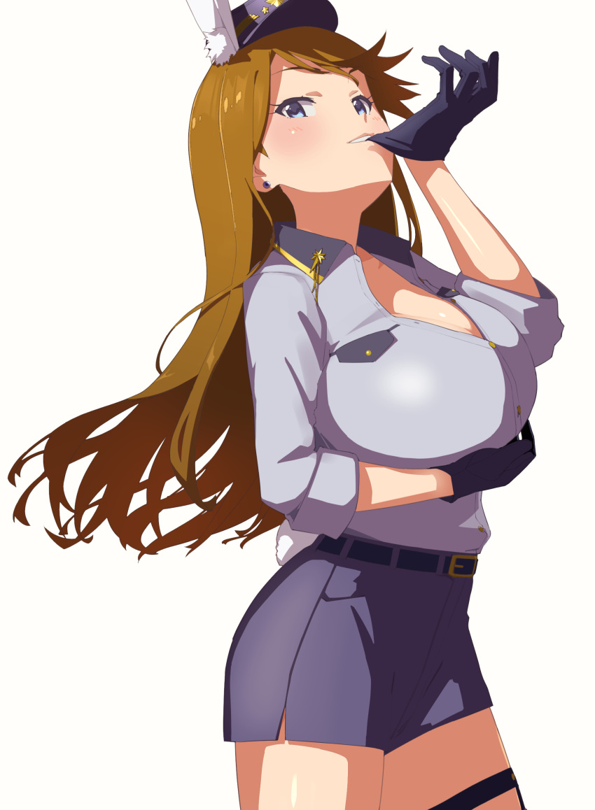 1girl absurdres animal_ears belt belt_buckle biting black_belt black_gloves blue_eyes blue_shirt blue_skirt breast_lift breasts brown_hair buckle cl_(h-sys.) cleavage cowboy_shot earrings eyelashes fake_animal_ears fake_tail glove_biting gloves hat highres huge_breasts idolmaster idolmaster_million_live! idolmaster_million_live!_theater_days jewelry legwear_garter long_hair looking_at_viewer miniskirt open_clothes open_shirt police police_hat police_uniform rabbit_ears rabbit_tail shirt simple_background skirt solo straight_hair swept_bangs tail tokoro_megumi uniform white_background