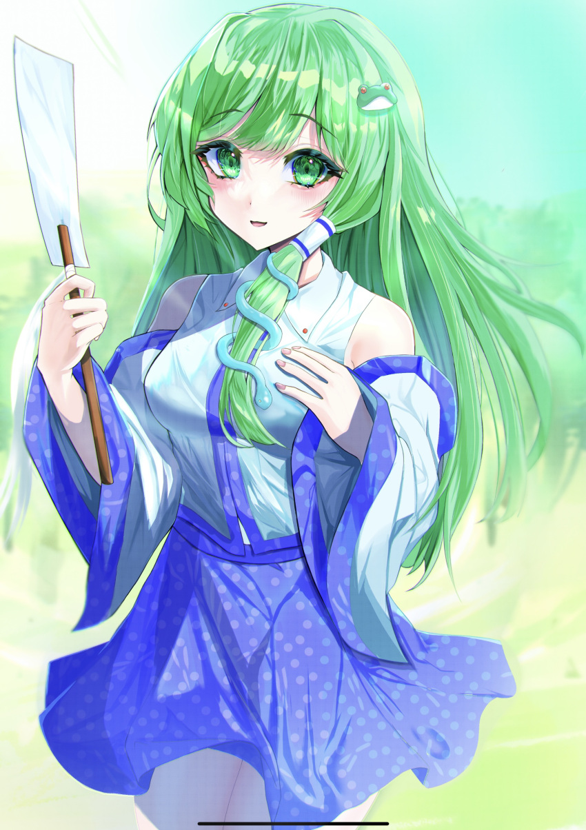 1girl :d absurdres bare_shoulders blue_skirt blunt_bangs blush breasts commentary cowboy_shot detached_sleeves frog_hair_ornament gohei green_eyes green_hair hair_ornament hair_tubes hand_on_own_chest hands_up highres holding holding_gohei kochiya_sanae legs_together looking_at_viewer medium_breasts nyarocks open_mouth polka_dot polka_dot_skirt simple_background skirt smile snake_hair_ornament solo swept_bangs touhou vest white_vest wing_collar