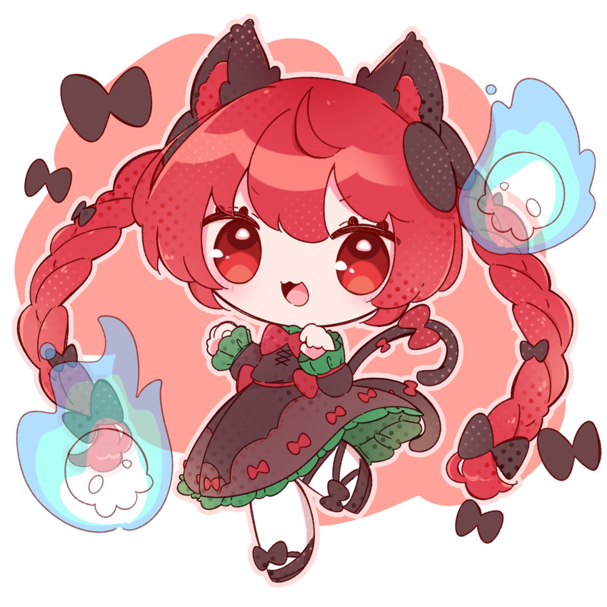 1girl absurdres animal_ears bow braid cat_ears cat_tail chibi dress extra_ears flaming_skull floating_skull green_bow green_dress hair_bow highres inukkomaru kaenbyou_rin multiple_tails nekomata red_eyes red_hair skull solo tail touhou twin_braids two_tails white_background