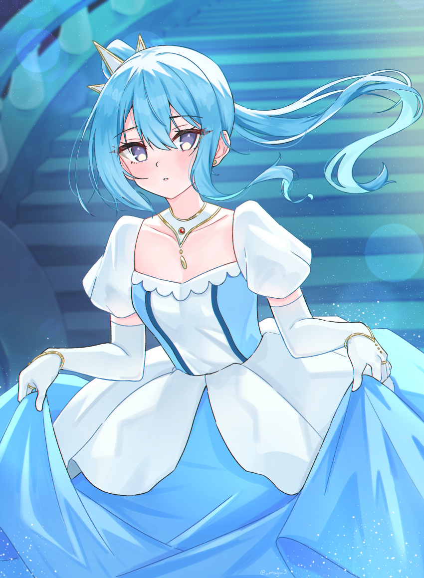 1girl bibideba_(hololive) blue_dress blue_eyes blue_hair cinderella crown dress earrings elbow_gloves flat_chest gloves hair_between_eyes highres hololive hoshimachi_suisei jewelry lens_flare long_hair looking_at_viewer magui3 mini_crown necklace official_alternate_costume parted_lips puffy_short_sleeves puffy_sleeves short_sleeves side_ponytail sidelocks skirt_hold solo stairs star_(symbol) star_in_eye stud_earrings symbol_in_eye two-tone_dress virtual_youtuber white_dress white_gloves