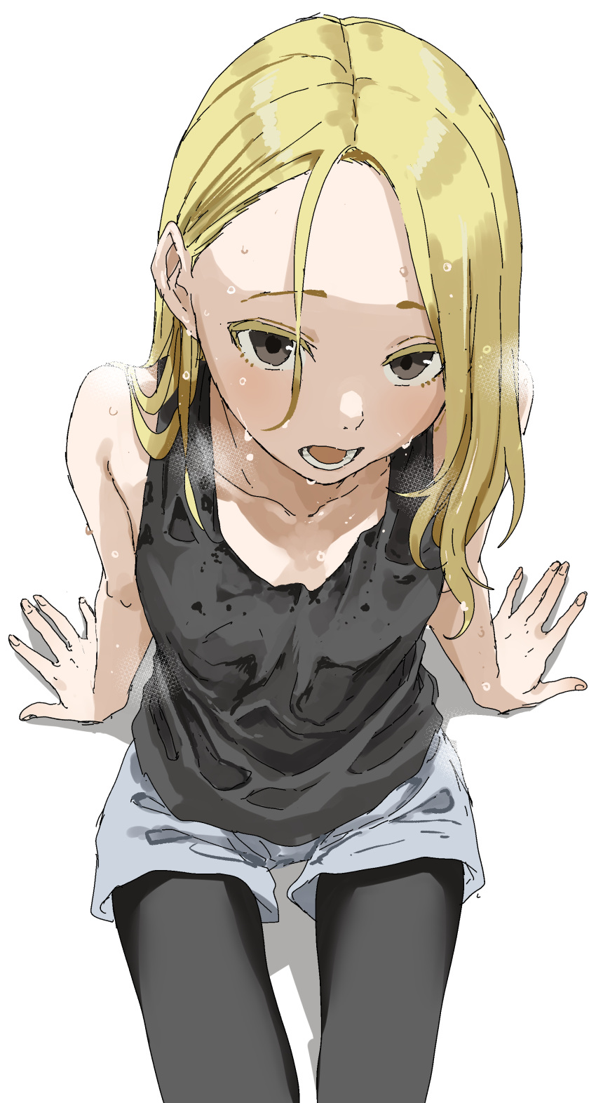 1girl absurdres black_eyes black_tank_top blonde_hair blue_shorts collarbone commentary_request forehead from_above highres looking_at_viewer medium_hair open_mouth original pantyhose shorts simple_background solo tank_top teeth wet wet_clothes wet_hair white_background white_pantyhose yamamoto_souichirou