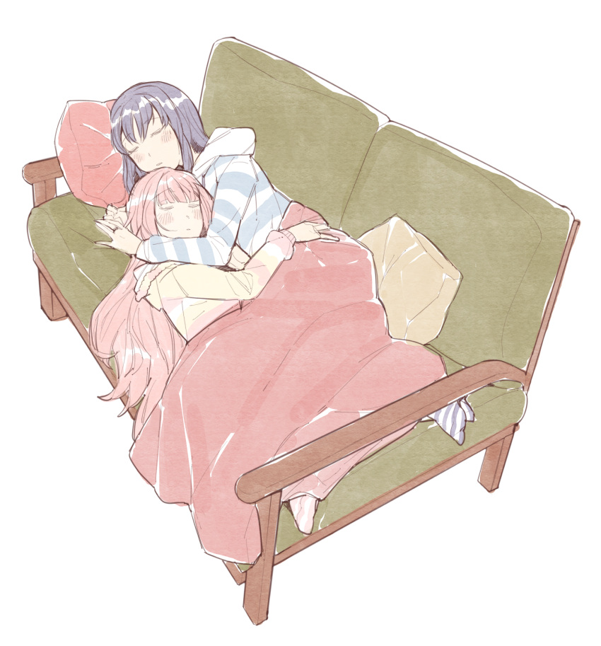 2girls bad_id bad_pixiv_id blanket blue_hair blue_hoodie closed_eyes closed_mouth couch highres hood hood_down hoodie hug ilhi long_hair lying magia_record:_mahou_shoujo_madoka_magica_gaiden mahou_shoujo_madoka_magica multiple_girls nanami_yachiyo on_side pillow pink_hair pink_socks purple_socks short_hair simple_background sleeping socks striped_clothes striped_hoodie striped_socks tamaki_iroha white_background yellow_hoodie yuri