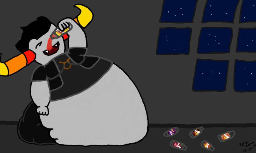 2014 5:3 alien archived_source belly bloated bottle container grey_body homestuck horn inflation ms_paint_adventures rena-mukinki soda_bottle troll_(homestuck) unavailable_at_source