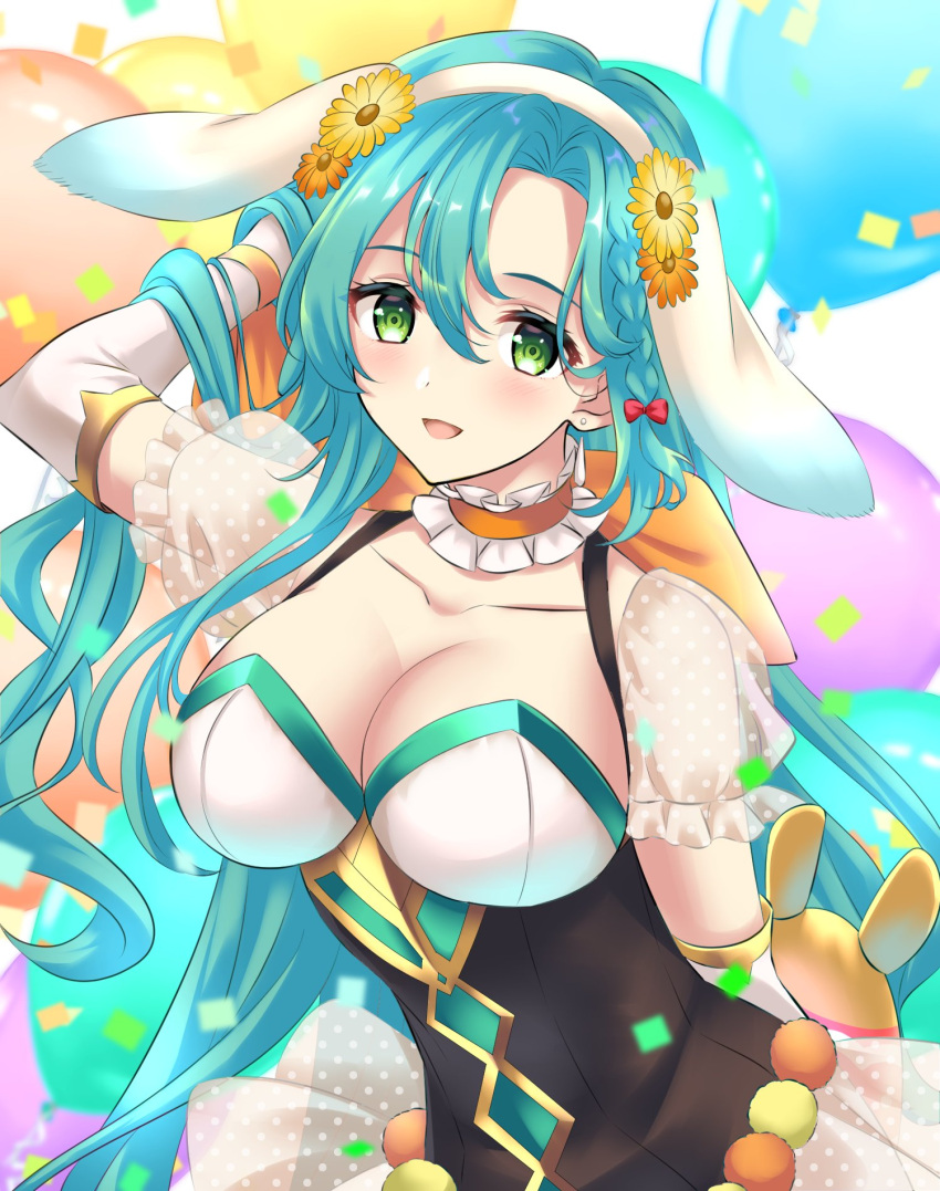 1girl animal_ears aqua_eyes arm_behind_head braid breasts chloe_(fire_emblem) chloe_(spring)_(fire_emblem) cleavage fake_animal_ears fire_emblem fire_emblem_engage french_braid green_eyes highres kakiko210 large_breasts looking_at_viewer official_alternate_costume playboy_bunny rabbit_ears single_braid smile solo upper_body