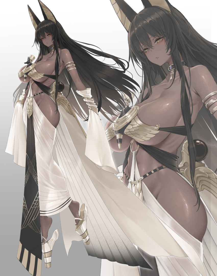 1girl absurdres animal_ears bare_shoulders black_hair breasts cleavage dark-skinned_female dark_skin detached_sleeves dishwasher1910 full_body hair_between_eyes highres jackal_ears jewelry large_breasts long_hair looking_at_viewer multiple_views original sibuna_(biya_(1024)) yellow_eyes zoom_layer