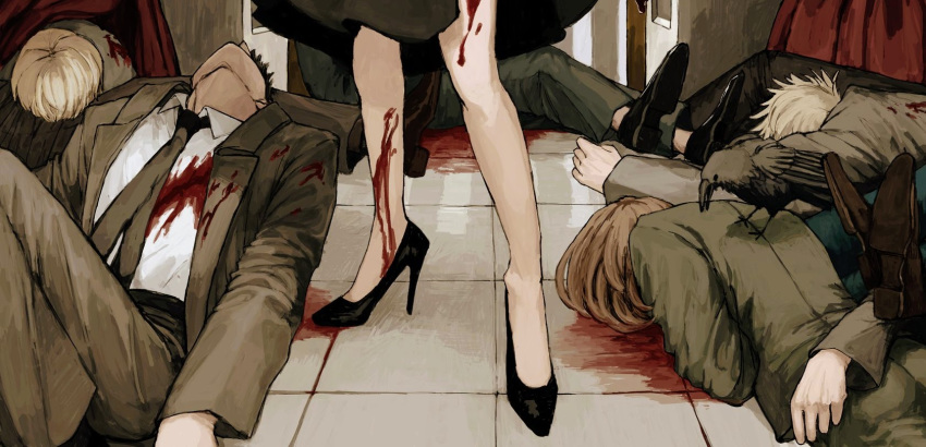 2boys 2girls 4others animal arm_up bird black_dress black_footwear black_hair blonde_hair blood blood_on_clothes blood_on_ground blood_on_leg brown_footwear brown_hair brown_necktie brown_suit crow death dress dripping formal gakudayo high_heels highres light_brown_hair lying medium_hair multiple_boys multiple_girls multiple_others murder necktie on_back on_stomach original standing suit tile_floor tiles