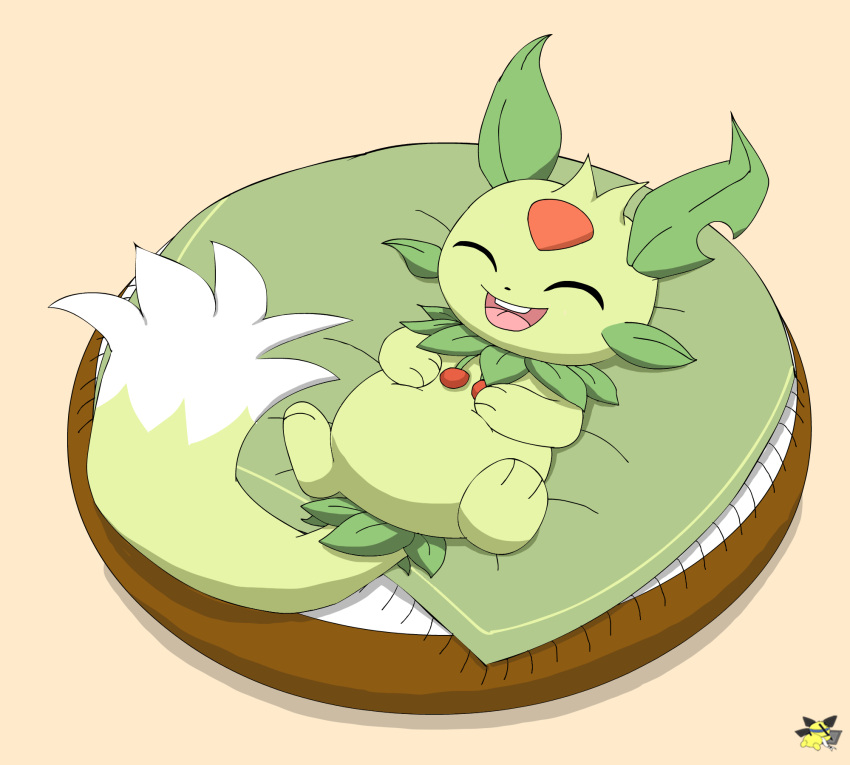 ambiguous_gender bed bedding blanket eyes_closed feral fluffy fluffy_tail fur furniture green_body green_fur hi_res lifmunk lying on_back on_bed pal_(species) palworld pichu90 pocketpair smile solo tail