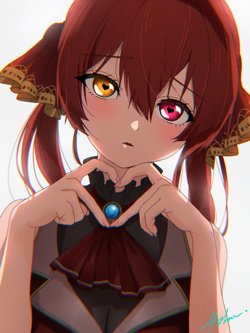 1girl absurdres ascot black_choker blue_gemstone blush choker close-up commentary_request cropped_jacket eyelashes fingernails frilled_choker frills gem hair_between_eyes hair_ribbon hands_up head_tilt heart heart-shaped_pupils heart_hands highres hololive houshou_marine houshou_marine_(1st_costume) hylran0427 jacket leotard leotard_under_clothes long_hair looking_at_viewer lovestruck parted_lips raised_eyebrows red_ascot red_eyes red_hair red_jacket red_ribbon ribbon signature simple_background sleeveless sleeveless_jacket solo symbol-shaped_pupils tsurime twintails virtual_youtuber white_background