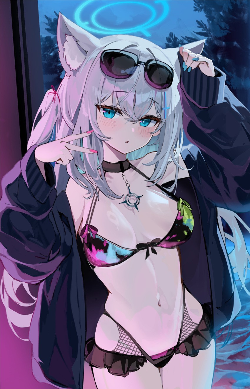 1girl alternate_costume animal_ear_fluff animal_ears bare_shoulders bikini black_bikini black_choker black_jacket blue_archive blue_eyes blue_nails blush breasts choker cowboy_shot extra_ears eyewear_on_head frilled_bikini frills hair_between_eyes halo hand_up highres jacket jewelry kabedoru light_smile long_hair long_sleeves looking_at_viewer medium_breasts multicolored_clothes multicolored_swimsuit nail_polish navel off_shoulder official_alternate_costume open_clothes open_jacket open_mouth outdoors pink_nails shiroko_(blue_archive) smile solo stomach sunglasses swimsuit very_long_hair wolf_ears