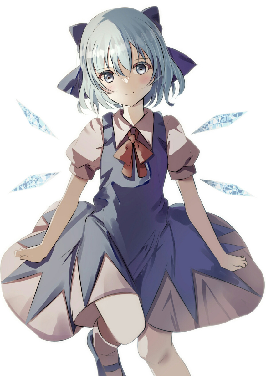 1girl bad_id bad_pixiv_id blue_bow blue_dress blue_eyes blue_footwear blue_hair blush bow bowtie cirno closed_mouth collared_shirt dress eyelashes grey_shirt grey_socks hair_between_eyes highres ice ice_wings leg_up looking_at_viewer natsume_suzuri puffy_short_sleeves puffy_sleeves red_bow red_bowtie shirt shoes short_hair short_sleeves simple_background smile socks solo standing standing_on_one_leg touhou white_background wings