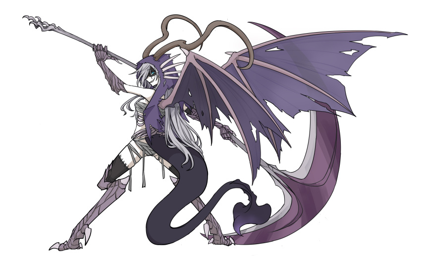 1girl absurdres arm_up bandages black_souls dragon_girl dragon_tail dragon_wings full_body highres holding holding_scythe horns jabberwock_(black_souls) large_horns patchwork_skin rabbit_king scythe solo tail talons torn_wings wings zombie