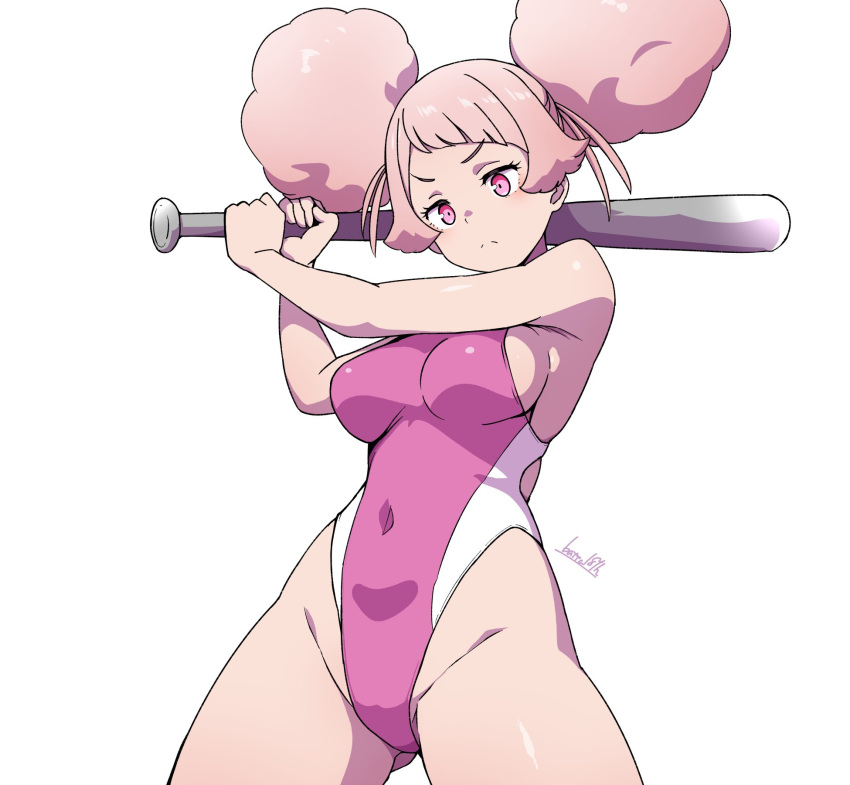 1girl afro_puffs baseball_bat batta_16-sei breasts chuatury_panlunch covered_navel double_bun gundam gundam_suisei_no_majo hair_bun highleg highleg_swimsuit highres hip_bones holding holding_baseball_bat one-piece_swimsuit pink_eyes pink_hair simple_background solo swimsuit white_background