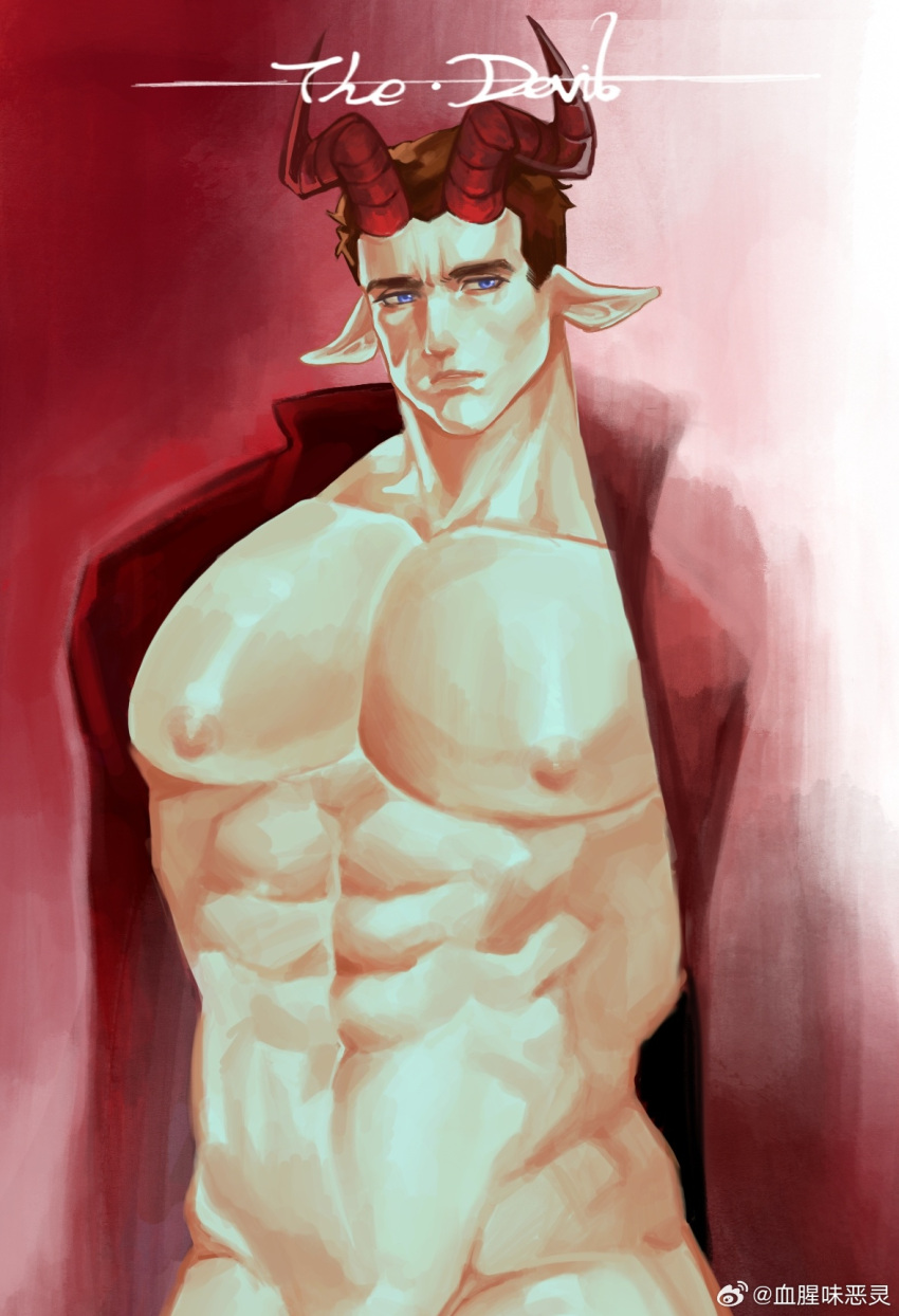 1boy abs bara bare_pectorals check_copyright coat copyright_request cowboy_shot demon_boy demon_horns expressionless groin highres horns huge_pectorals looking_at_viewer male_focus mature_male monster_boy muscular muscular_male naked_coat navel navel_hair nipples original pectorals pointy_ears shaved_body solo standing stomach tsurime xie_xing_wei_e_ling