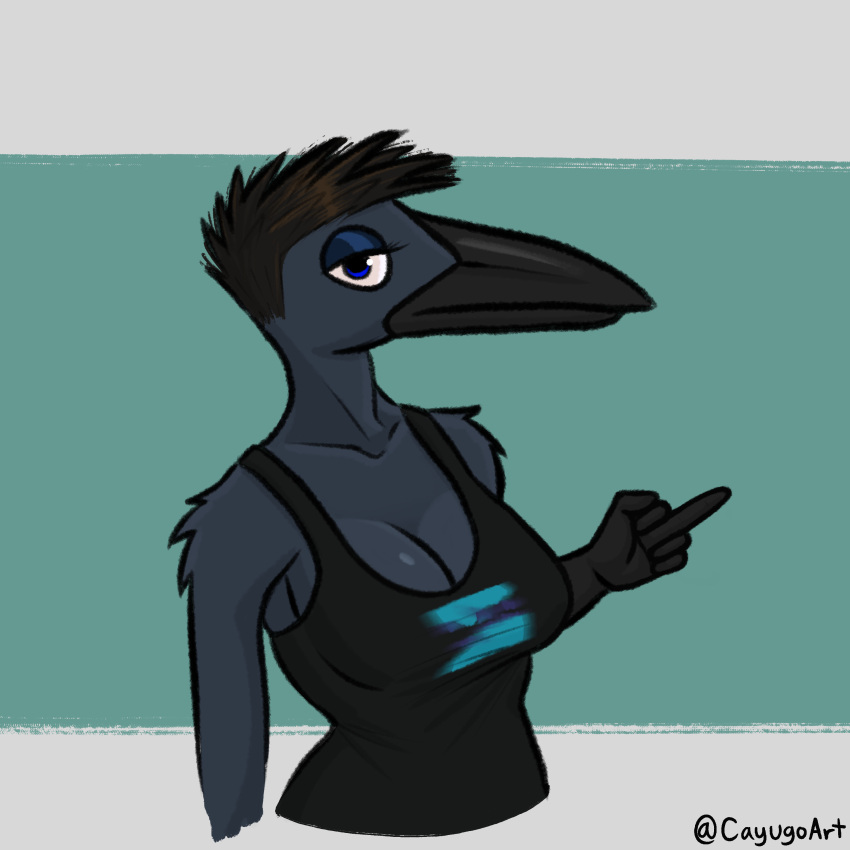 1:1 2023 absurd_res anthro avian beak big_breasts bird black_body black_hair blue_eyes breasts cayugo clothed clothing connie_(cayugo) corvid corvus_(genus) crow digital_media_(artwork) eyelashes eyeshadow female fingers gesture hair hand_gesture hi_res looking_at_viewer makeup middle_finger non-mammal_breasts oscine passerine shirt signature simple_background solo tank_top topwear