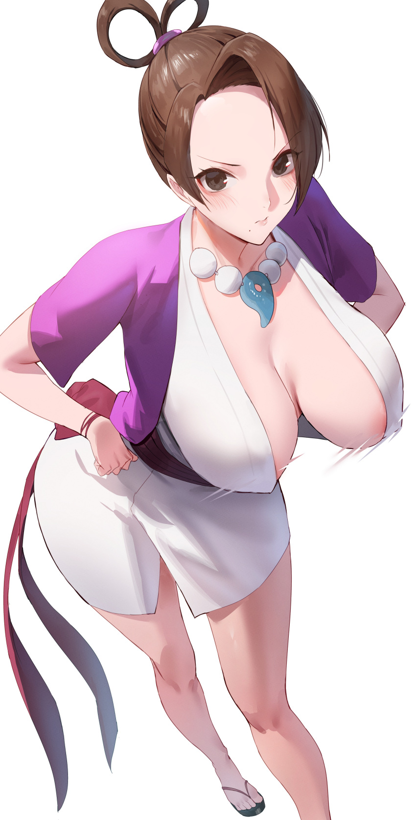 1girl absurdres ace_attorney bracelet breasts brown_eyes brown_hair collarbone hair_rings highres jacket japanese_clothes jewelry kimono large_breasts leaning_forward long_hair looking_at_viewer magatama magatama_necklace mia_fey mole mole_under_mouth necklace purple_jacket rororo sandals short_sleeves simple_background solo white_background white_kimono