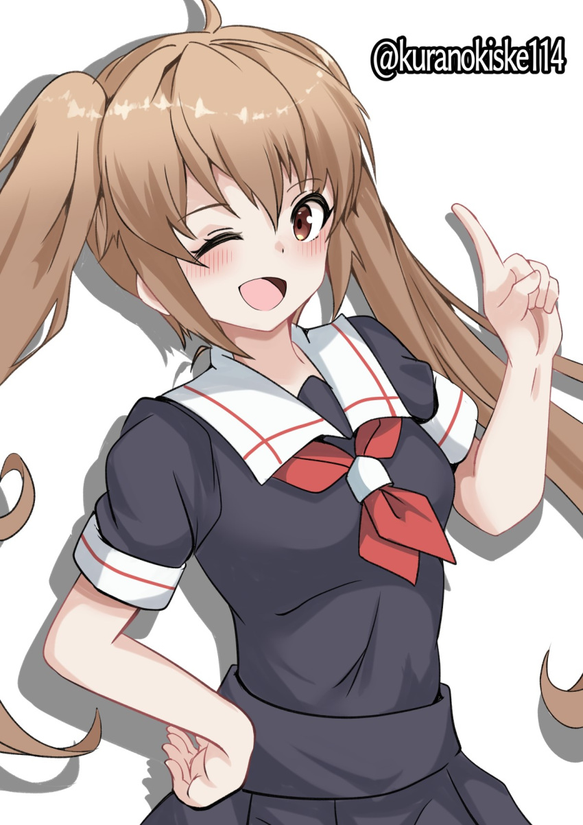 1girl black_serafuku black_shirt black_skirt brown_eyes hand_on_own_hip highres index_finger_raised kantai_collection kurano_kisuke light_brown_hair murasame_(kancolle) neckerchief one-hour_drawing_challenge one_eye_closed pleated_skirt red_neckerchief sailor_collar school_uniform serafuku shirt simple_background skirt smile solo twintails twitter_username white_background white_sailor_collar