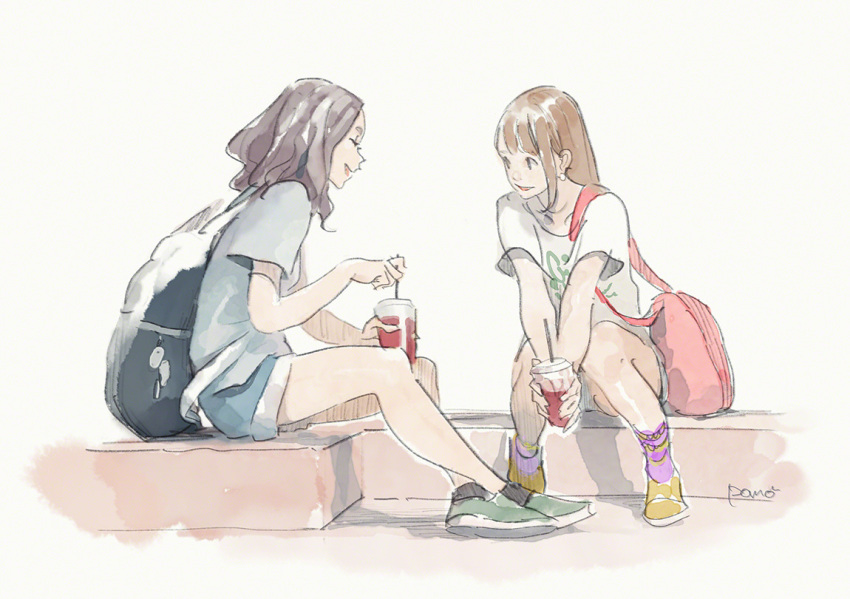 2girls backpack bag bag_charm bare_legs black_hair black_socks brown_hair charm_(object) closed_eyes cup disposable_cup drink earrings green_footwear grey_shirt jewelry long_hair looking_at_another medium_hair multiple_girls open_mouth original pomodorosa profile purple_socks shirt shoes shorts signature sitting socks sphere_earrings white_shirt yellow_footwear