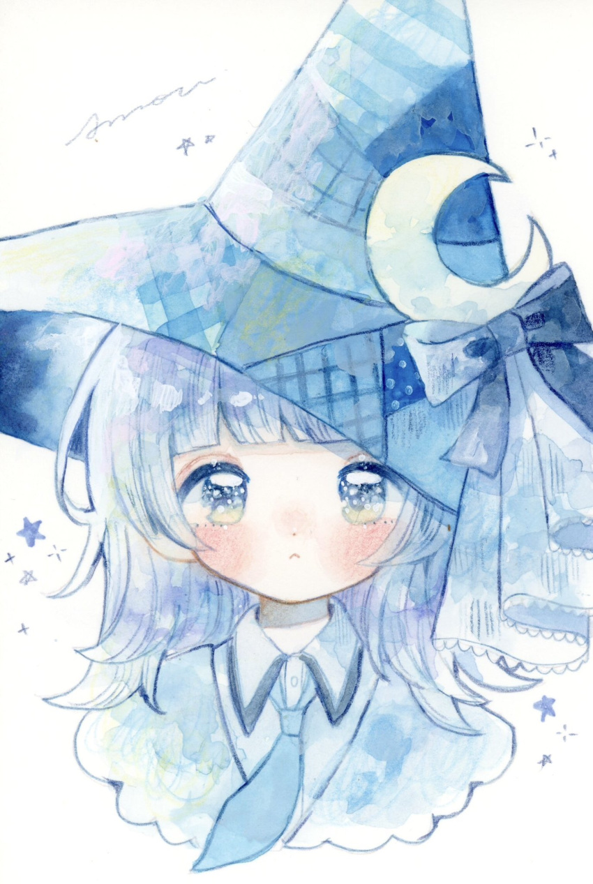 1girl :&lt; amou_0220 blue_hat blue_necktie blunt_bangs blush closed_mouth collared_shirt cropped_head dot_nose hat highres looking_at_viewer necktie original shirt signature simple_background solo star_(symbol) straight-on white_background white_hair white_shirt witch_hat