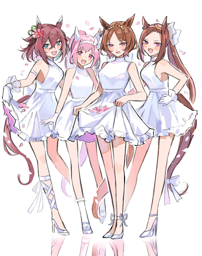 4girls :d absurdres alternate_costume animal_ears bare_shoulders brown_hair cherry_blossoms clothes_lift dress dress_lift ear_covers flower flower_in_eye gloves gold_hairband hair_between_eyes hair_flower hair_ornament hairband haru_urara_(umamusume) high_heels highres horse_ears horse_girl horse_tail kumo_(mokumoku_warabi) lifted_by_self long_hair looking_at_viewer multiple_girls parted_bangs petals pink_eyes pink_hair ponytail purple_eyes purple_hair sakura_bakushin_o_(umamusume) sakura_chiyono_o_(umamusume) sakura_laurel_(umamusume) sidelocks simple_background sleeveless sleeveless_dress smile swept_bangs symbol_in_eye tail tareme trait_connection tsurime umamusume victory_club_(umamusume) white_background white_dress white_footwear white_gloves white_hairband